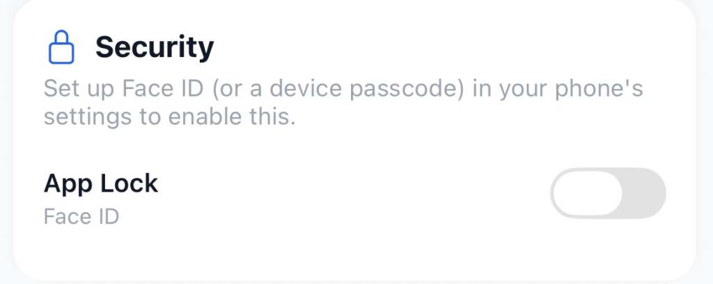 the Settings screen's Security card with the App Lock (Face ID) toggle